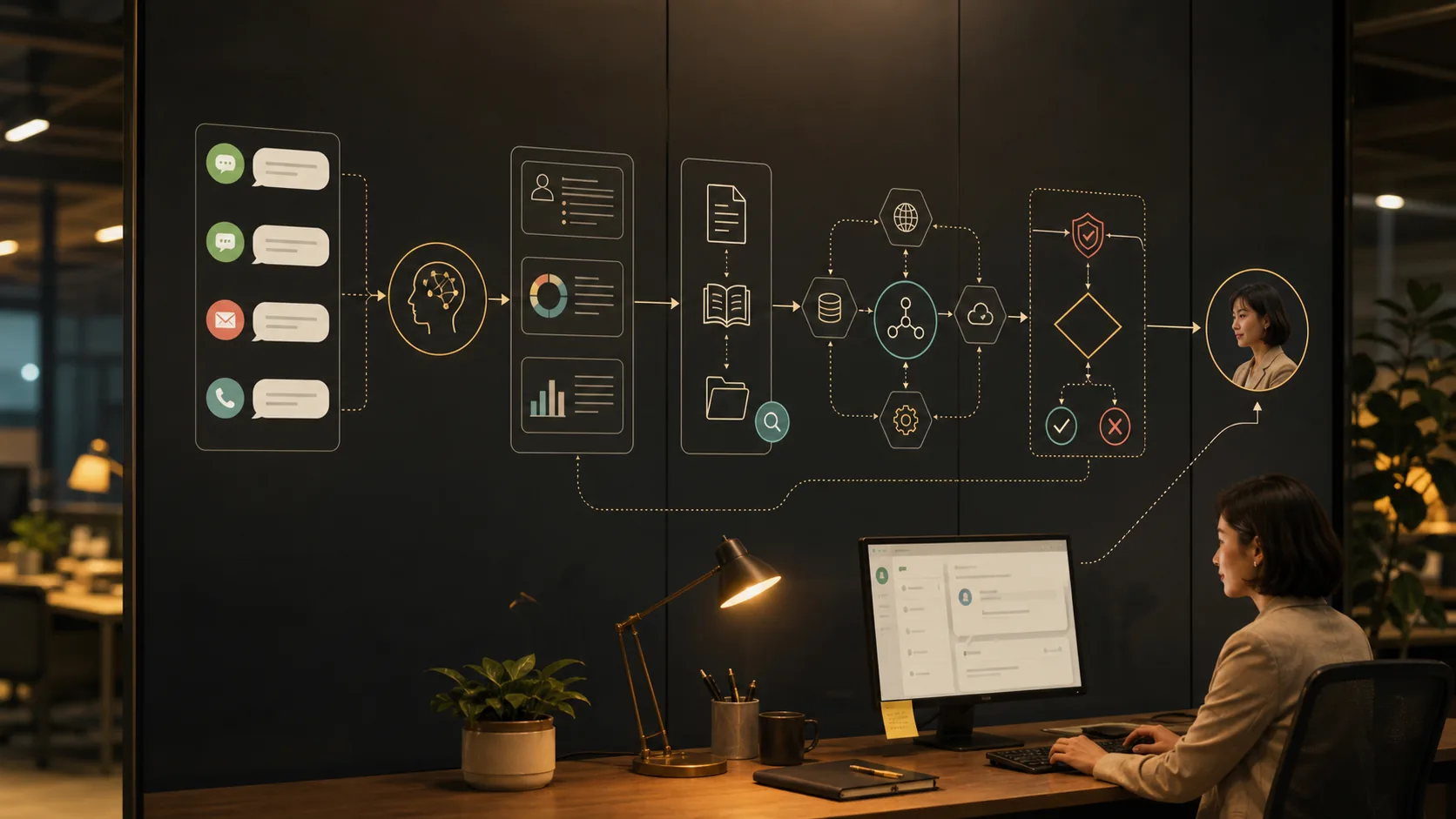 企業 AI 助理、LINE、CRM、API 與內部知識庫工作流串接示意圖